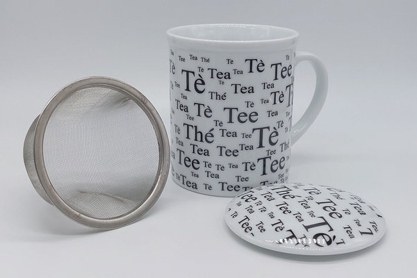 Teebecher Tee aus Porzellan mit Deckel und Teesieb, 340 ml