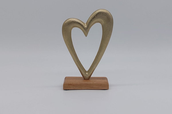 Herz auf Mangoholz Sockel aus Metall Gold, 22 cm