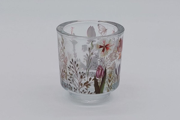 Glas Windlicht mit Blütenmuster, 8,5 cm