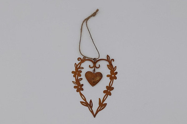 Metall Herzhänger mit Blüten, ca. 13 cm, Rost