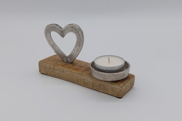 Kerzenhalter mit Herz aus Metall auf Mangoholz ca. 20 cm