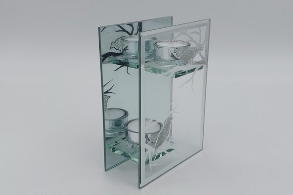 Glasteelichthalter mit Vögel für 2 Teelichter, ca. 13x18 cm