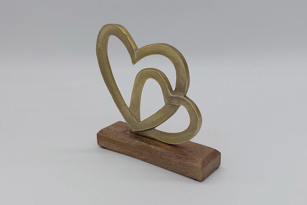 Herz auf Mangoholz Sockel aus Metall Gold, 18 cm