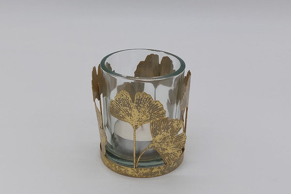 Windlicht Ginkgo aus Metall und Glas Gold, ca. 9 cm