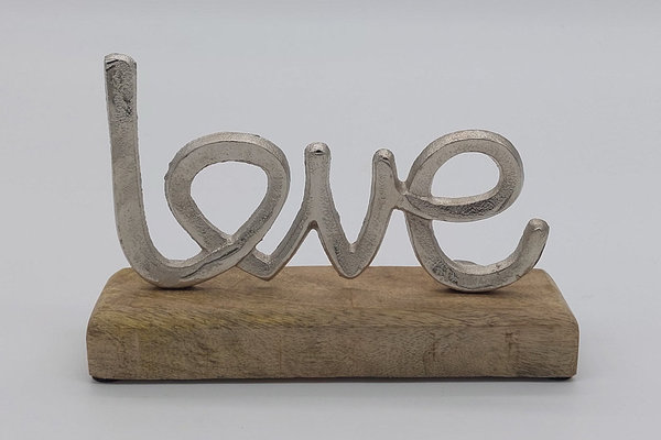 Aufsteller Schriftzug Love aus Metall auf Mangoholz Sockel