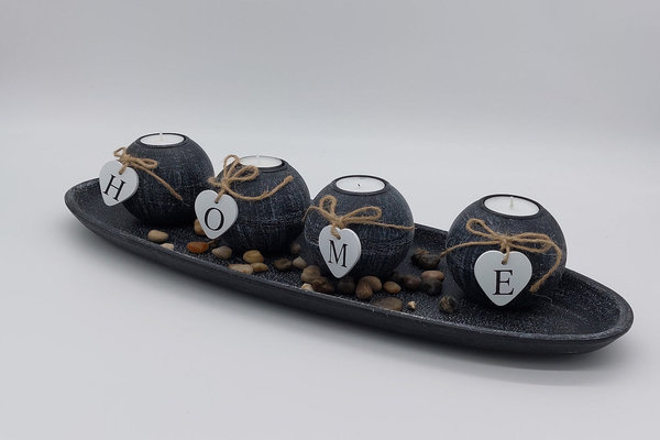 Teelichthalter 4er Set auf Tablett mit Steinen