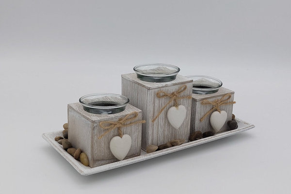 Teelichthalter 3er Set mit Herz Anhänger aus Holz