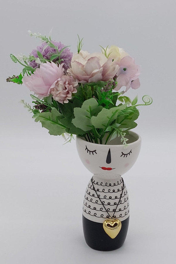 Vase Frau mit Herz Anhänger aus Keramik Schwarz, weiß
