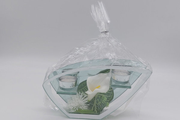 Glasteelichthalter mit Blumen für 2 Teelichter