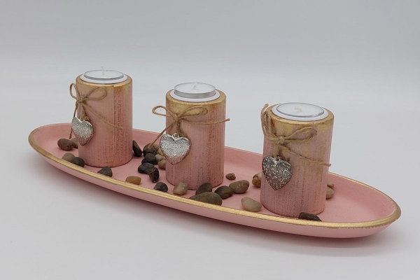 Teelichthalter 3er Set mit Dekosteinen aus Holz
