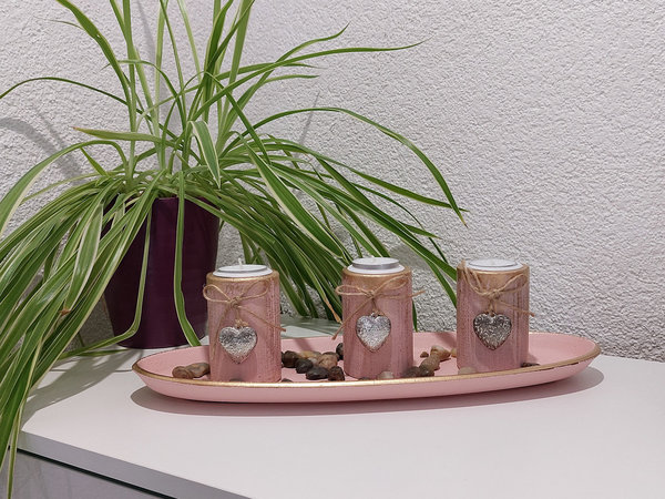 Teelichthalter 3er Set mit Dekosteinen aus Holz