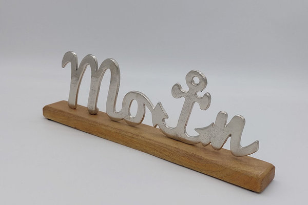 Aufsteller Schriftzug Moin aus Metall auf Mangoholz Sockel