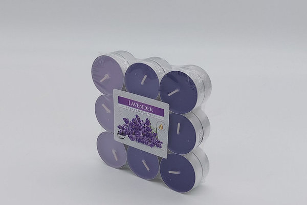 Teelichter 18er Blockpackung, Lavendel Duft.