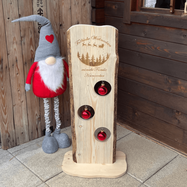 Holzaufsteller Frohe Weihnachten mit Beschriftung und Glas-Kugeln